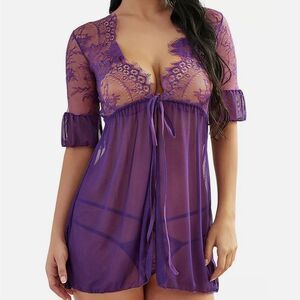 Eyelash Lace Babydoll Mesh Chemise Nightwear G-Str
